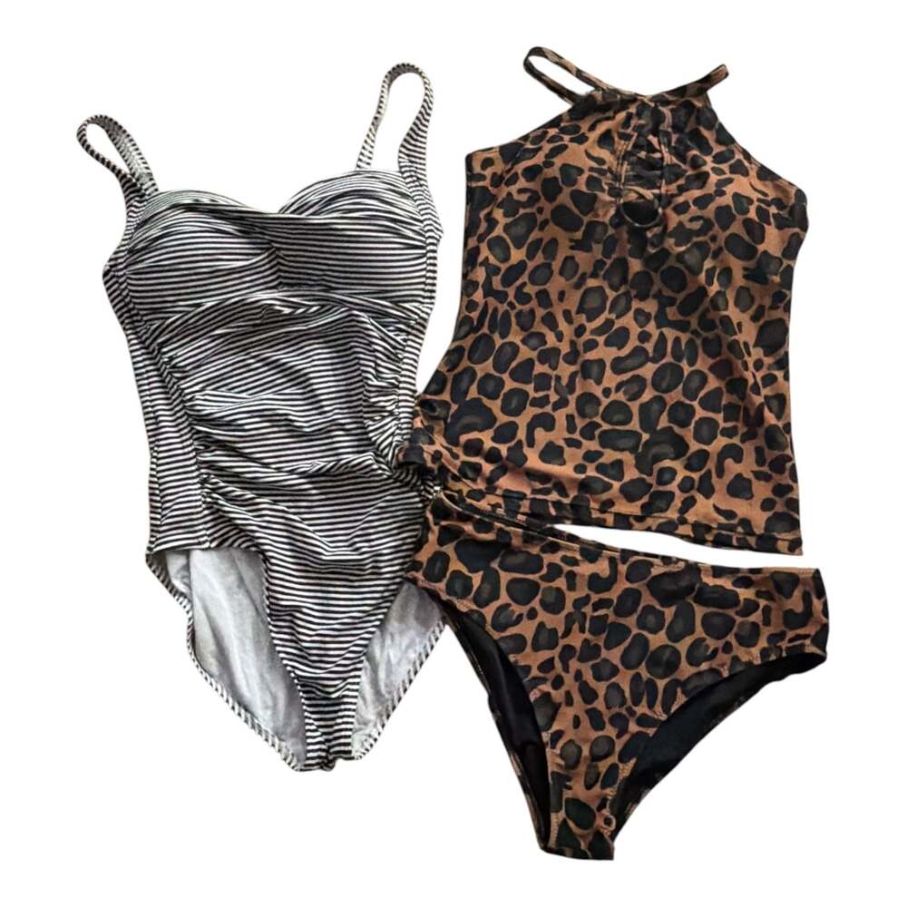 Beachsissi Women's Animal Print Lace-Up High Neck Tankini & bond eye striped one